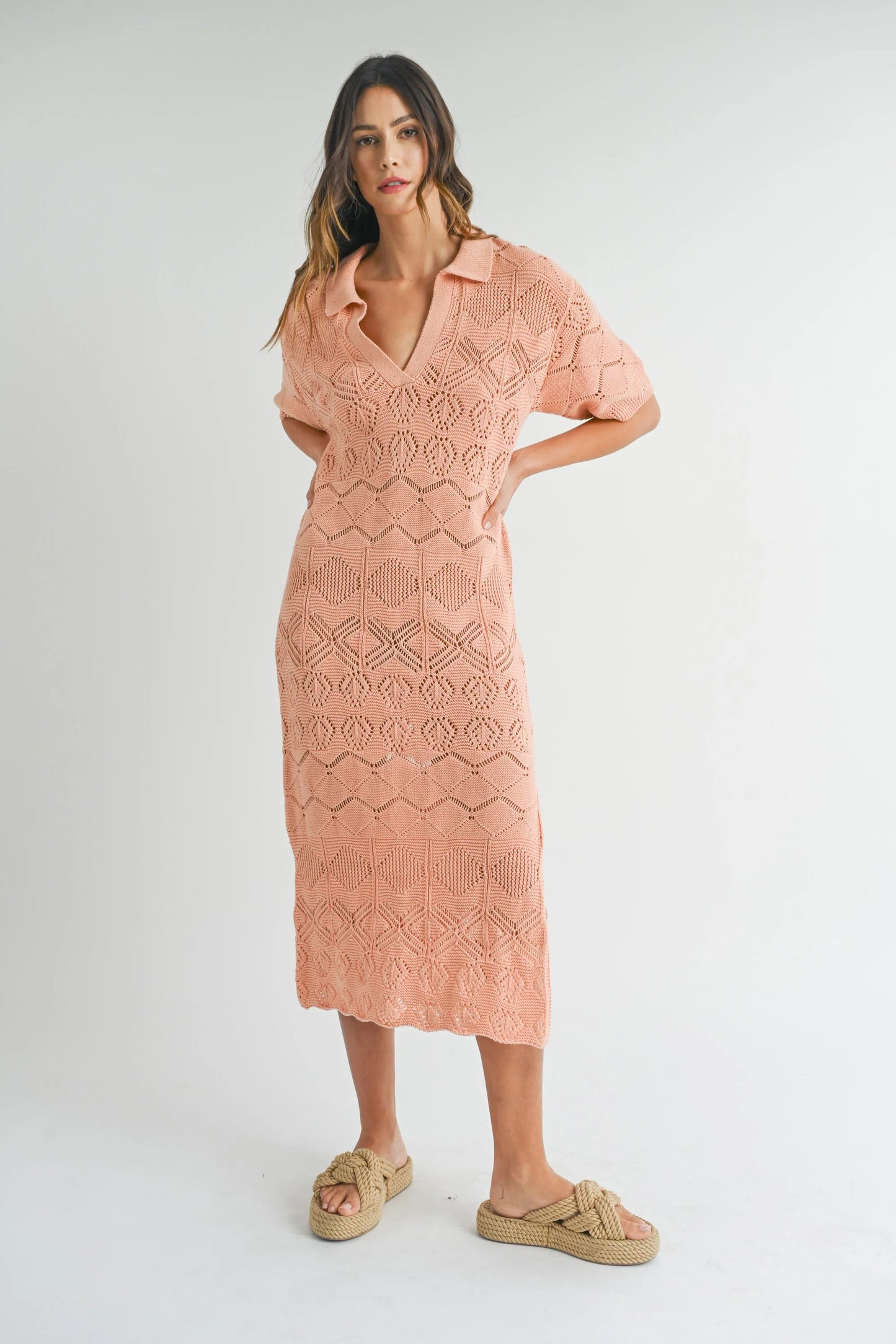 Peach Crochet Midi Dress