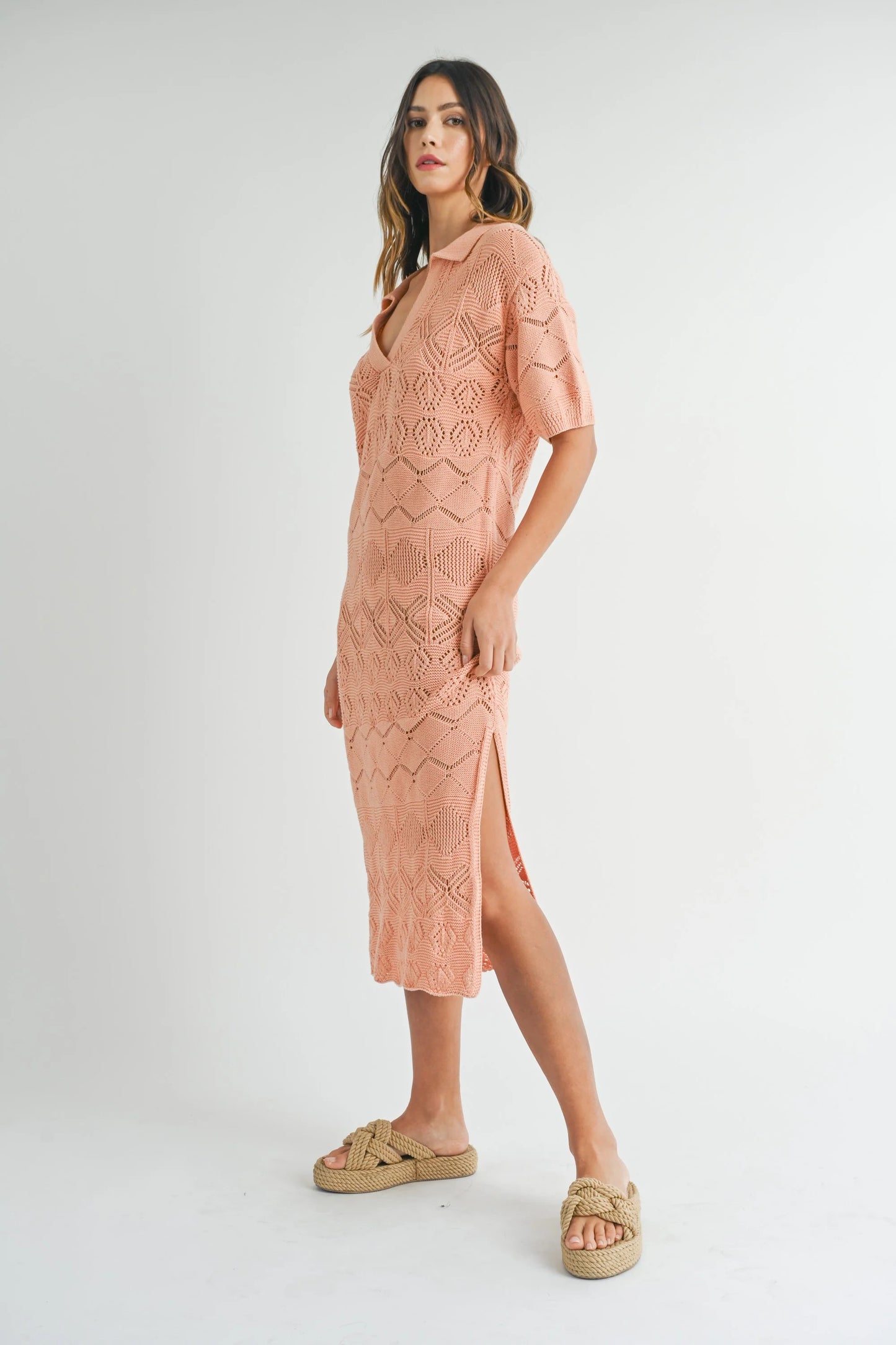 Peach Crochet Midi Dress