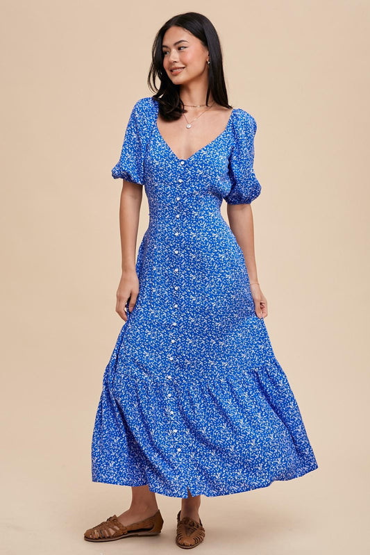 Blue Sweetheart Floral Midi Dress