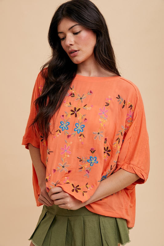 Tangerine Embroidered Floral Top